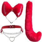 Faux Fur Cat Fox Ears Hair Hoop Cosplay Headband + Tail Set Kitten Tail, Cat Ear Headband with Heart Choker PU Leather Collar